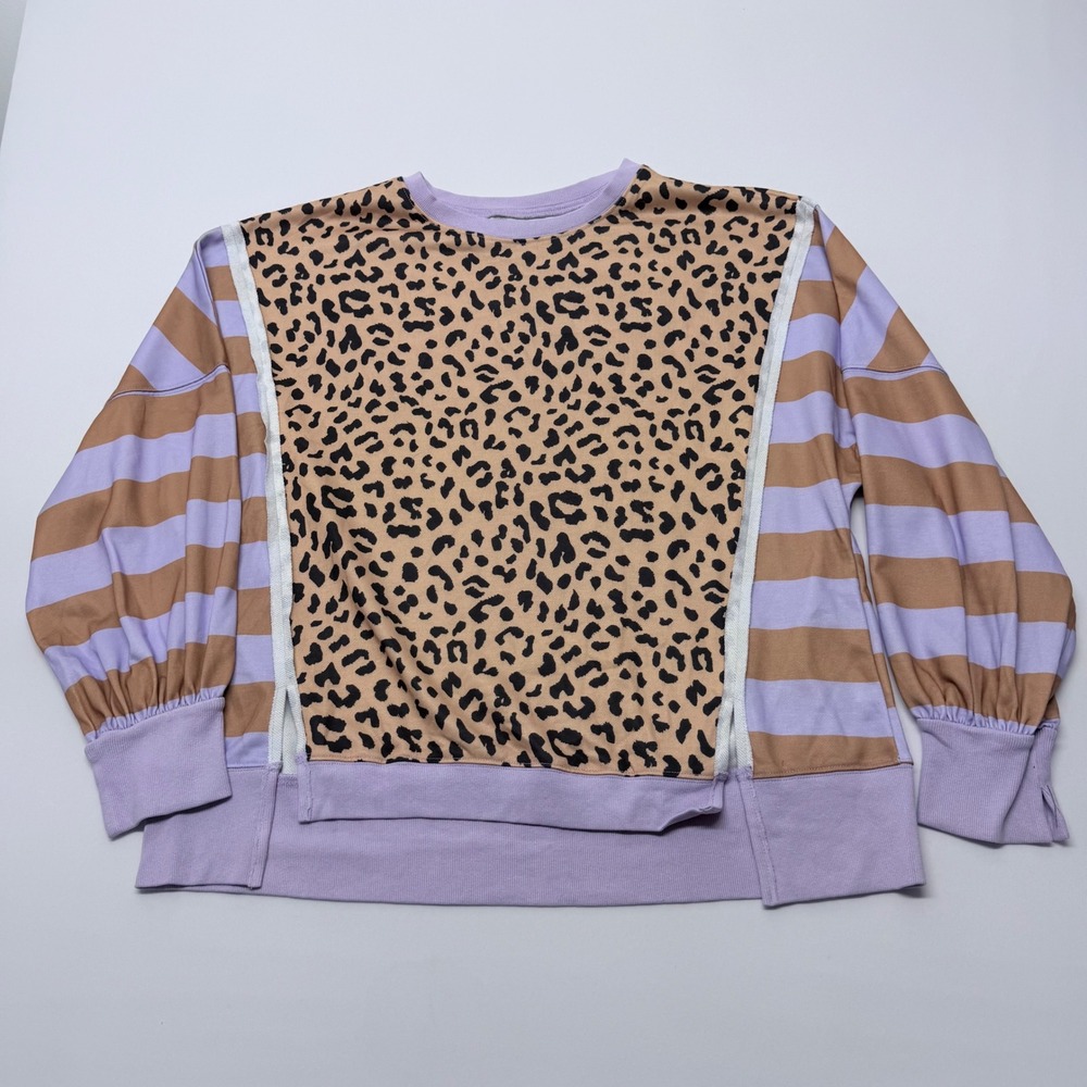 Mixed Media Leopard Striped Sweatshirt Lavender Tan XL Balloon Sleeve Split Hem - Picture 1 of 6